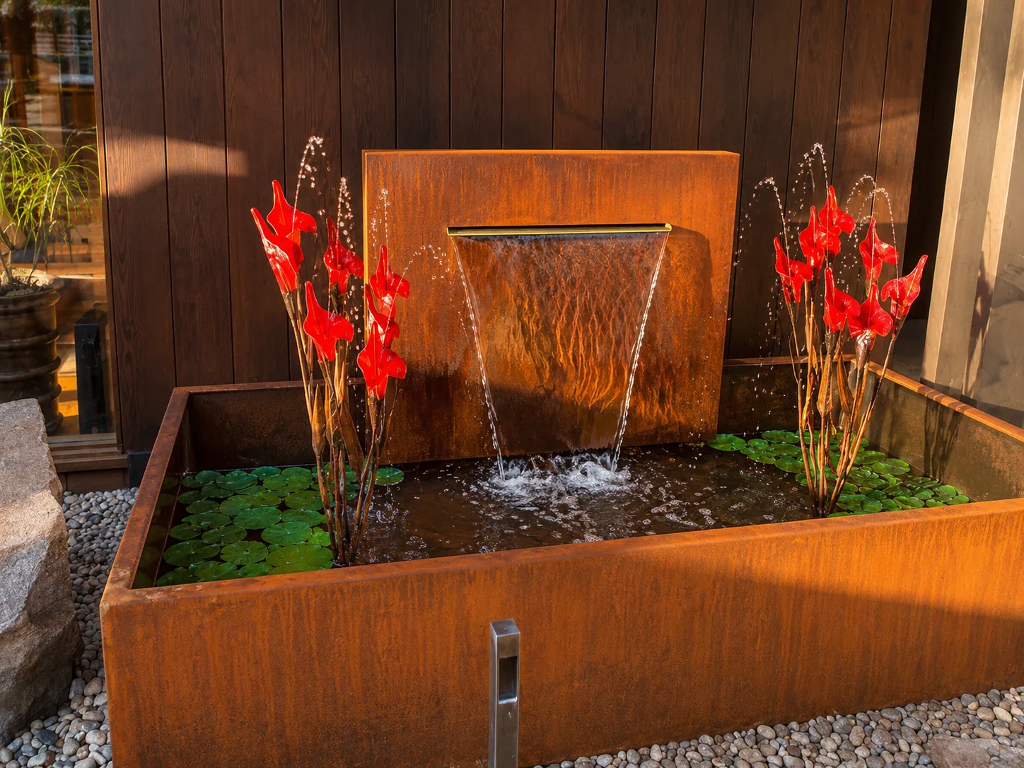 Fuente prefabricada de acero corten con fuego y agua