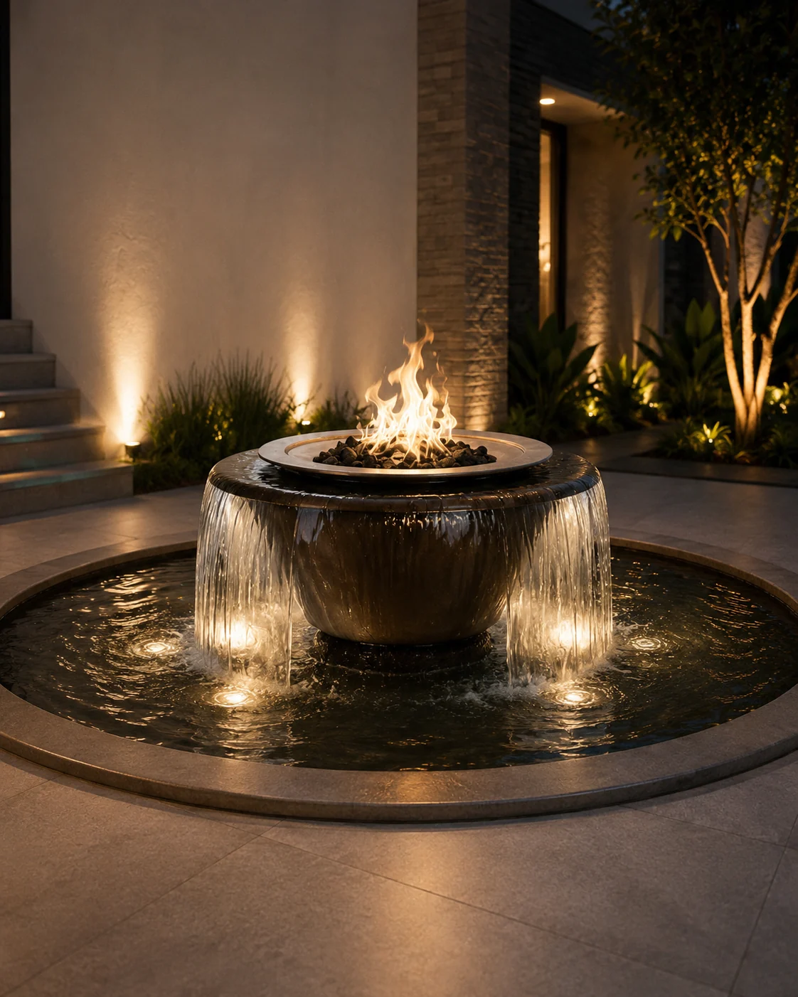 Fuente circular con fuego y desborde perimetral